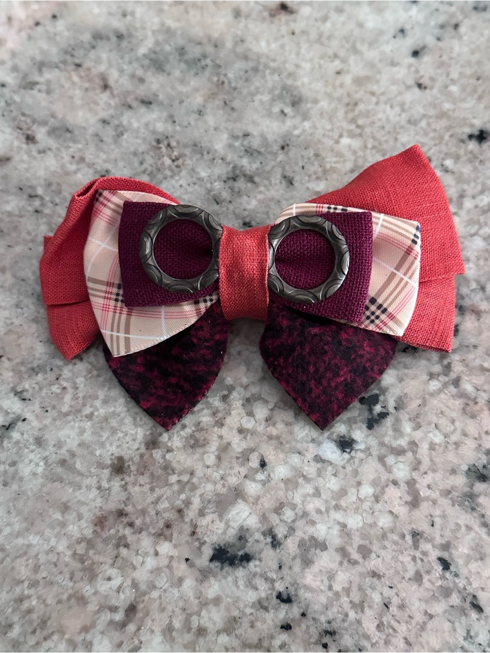 Mary Sanderson Layered Fabric Bow - Coral, Burgundy & Plaid